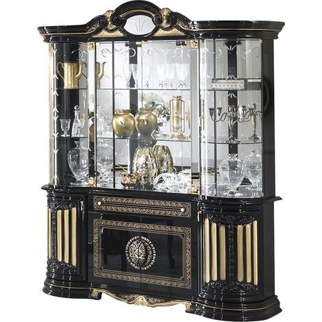 Les Tendances – Vitrine 8 portes 1 tiroir – Bois laqué noir et doré – Dimensions L 173 x H 213 x P 50 cm – 4 portes vitrées en cristal transparent