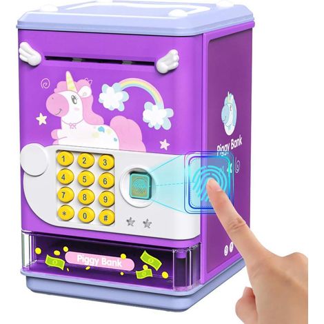 Tirelire Électronique Violette avec Distributeur de Billets – Coffre à Monnaie pour Enfants, Déverrouillage par Code Secret et Empreinte Digitale, Boîte Musicale pour Garçons et Filles de 3 à 8 Ans, V (1/5)