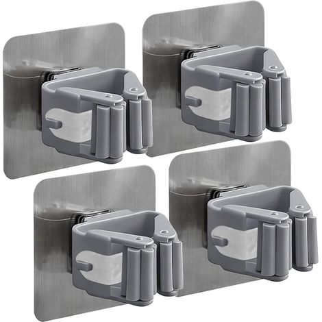 Soporte de pared para escobas de 4 piezas, organizador de escobas de pared, no requiere perforación, soporte de pared para escobas, gancho de pared para escobas, para cocina, baño, jardín, garaje (gri