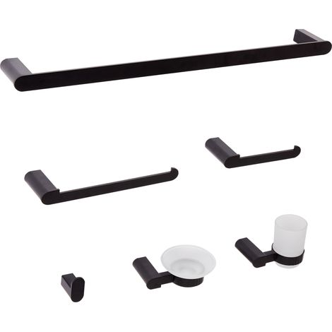 Conjunto de 6 accesorios de baño minimalista de aluminio vaso y jabonera de vidrio incluidos negro Paracas