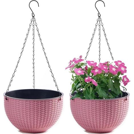 Ensemble de 2 Pots de Fleurs Suspendus avec chaîne en Acier Inoxydable, Pots de Fleurs Suspendus pour Balcon intérieur et extérieur et Pots de Fleurs Suspendus(Calibre 21cm,rose)