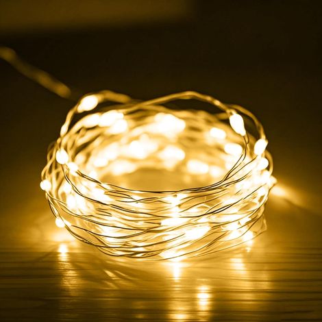 Guirnalda de luces LED de cobre a pilas para dormitorio, fiestas, festivales, etc. (1 metro, 10 luces, luz cálida) (1/5)