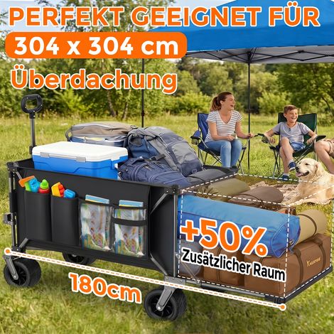 Chariot pliable 300L+120L avec trappe arrière, grand modèle 180cm, roues tout terrain larges 17x10cm, stable et polyvalent pour jardin, courses, plage et extérieur, noir (1/4)