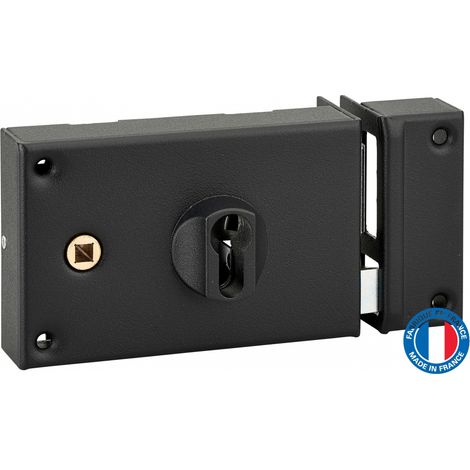 Thirard – Serrure horizontale en applique double entrée à fouillot pour portail – Coffre acier cambré – Dimensions 140x88mm – Entraxe 55mm – Finition époxy noir