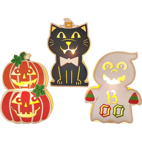 Décoration Halloween Bois Lumineuse Lot de 3 Citrouille Fantôme Chat Noir Ornements LED Intérieur Extérieur Fête Effrayante (1/5)
