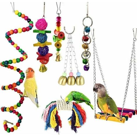 Enowelir Lot de 7 Jouets à Mâcher en Bois Naturel pour Perroquet avec Clochette et Balançoire pour Cage à Oiseaux Pinsons Perruches (1/4)