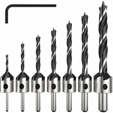 7 Pièce HSS 5 Flûte Jeu de Foret Fraise Bit de Vis à Bois Chanfrein pour Diverses vis de Longueur par Simple Desserrer et Resserrer la vis, 3-6mm Set Outil (1/5)