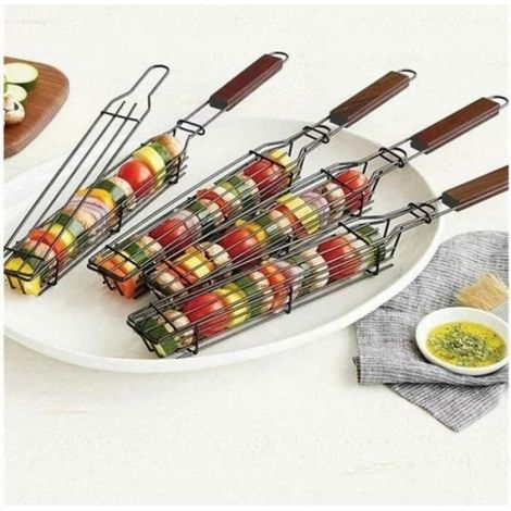 Panier à Griller - Barbecue - Acier Inoxydable - 2pcs - 49x4,8x3,5 cm - Manche en Bois (1/4)