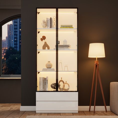 Vitrine haute de salon 80x34x200 cm, 2 portes vitrées, LED pilotable par application, 2 tiroirs, 6 niveaux de rangement, cadre aluminium, blanc (1/5)