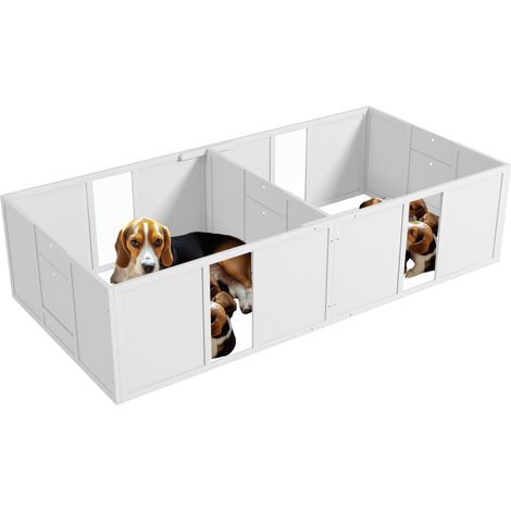 Caisse de mise bas pour chiots, divisible en 2 compartiments, fenêtre en acrylique, 196 x 96 x 48 cm, blanche