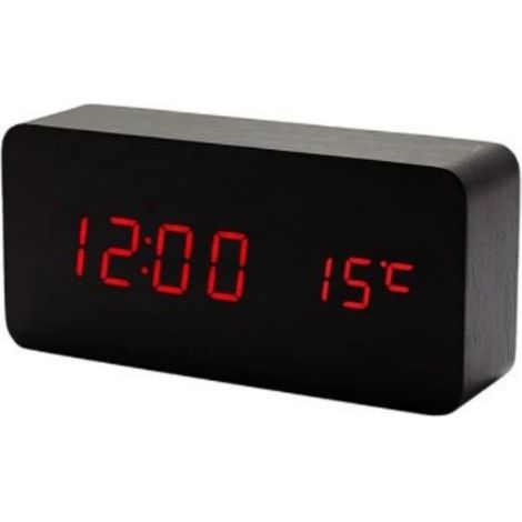 Réveil Numérique Led Bois Noir Rouge - Affichage Température - Réglage Luminosité 3 Niveaux - 3 Réveils Programmables - Pour Chambre Bureau