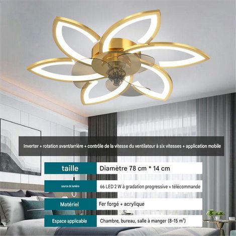 Luminaire ventilateur de plafond avec LED, plafonnier silencieux 6 vitesses, moteur cuivre basse consommation, fonction réversible, application mobile et télécommande, Or (1/5)