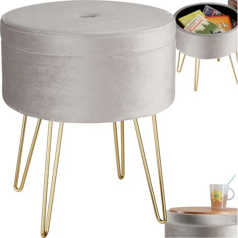 Tabouret avec coffre de rangement aspect velours transformable AVA - gris clair