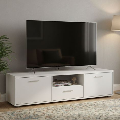 Dmora - Fernsehschrank Fernande, Ständer für Wohnzimmerfernseher, Niedriges Wohnzimmer-Sideboard, TV-Ständerbasis, 147x40 h38 cm, Weiß (1/5)