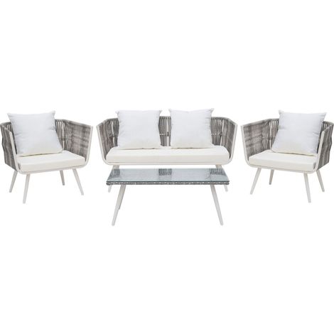 Salon Set de Terrasse Canapé et 2 Fauteuils en Rotin Beige avec Coussins d'Assise Blancs Matières Durables et Design Moderne Tendance Beliani (1/5)