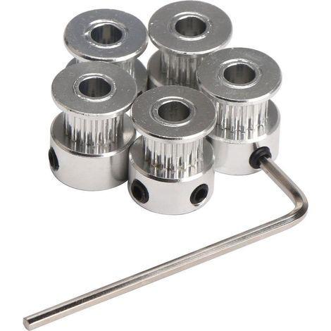 Set di 5 pulegge dentate in alluminio GT2, 16 denti, foro da 5 mm, larghezza da 6 mm e chiave per stampante 3D RepRap Prusa i3.