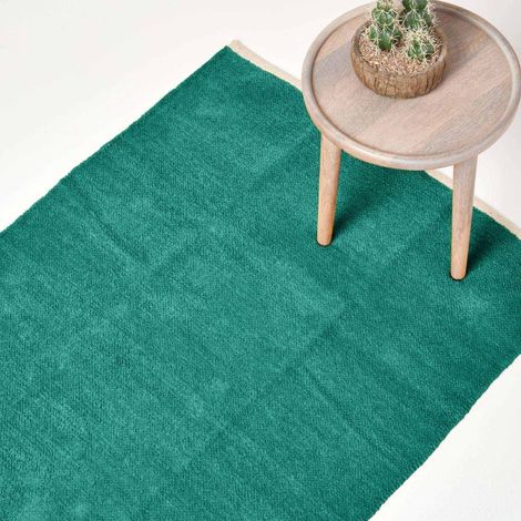 HOMESCAPES Teal Green 100% Cotton Plain Chenille Rug with Natural Trim, 110 x 170 cm