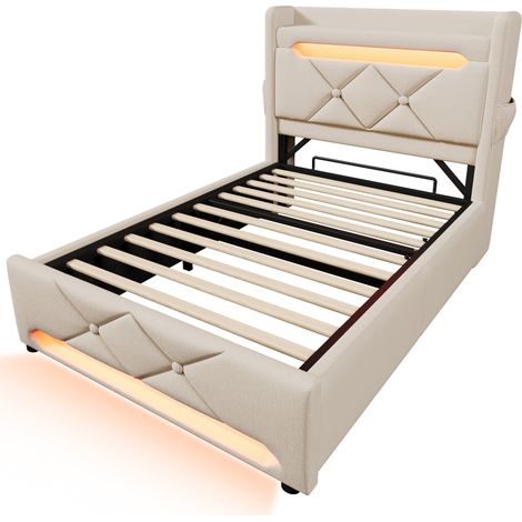 Cama con somier 90 x 200 cm LED 360°, USB y Type C, cabecero con almacenaje, beige lino HOMVRA (1/5)