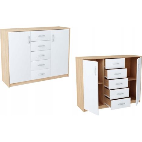 Buffet avec 2 portes et 5 tiroirs Blanc-Sonoma - Meuble de Rangement Style contemporain - 110 x 35 x 85 cm (1/4)