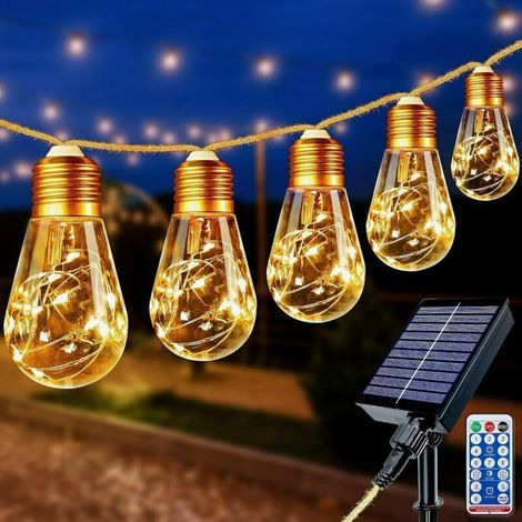 8M Guirlande Lumineuse Exterieure Solaire avec Télécommande,16 Ampoule 160LED Vintage Guirlande Guinguette Solaire Étanche IP65, 8 Modes Guirlande Solaire pour Noël Mariage Terrasse Jardin [Classe éne (1/4)