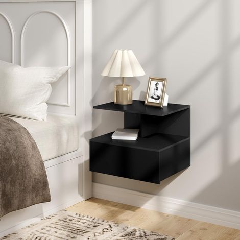 WOLTU 1x Mesitas de noche colgantes de madera con 1 cajón y 1 compartimento abierto, negro