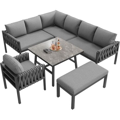 Salon de jardin corde acier galvanisé angle verre trempé coussins gris