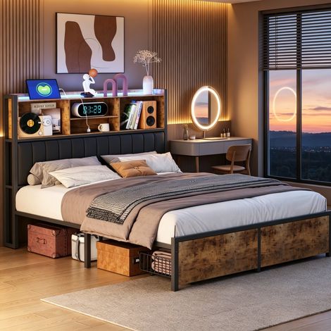 Lit 140x200 avec tiroirs,lit double capitonné,lit adulte,avec sommier à lattes,LED réglable,USB,2 tiroirs,Métal,lit 2 personnes (1/5)