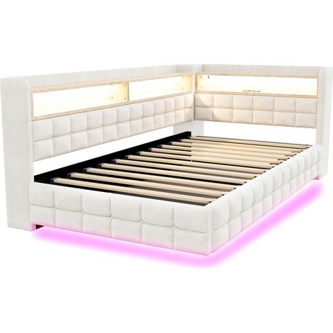 Polsterbett 90 x 200 cm mit Stauraum, LED, Steckdose, USB-C, Holzregalen, Beige (1/5)