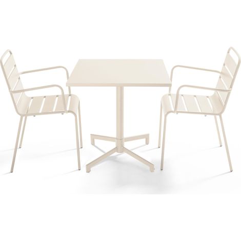 Ensemble table 70 cm et 2 fauteuils de jardin en métal ivoire - Palavas (1/5)