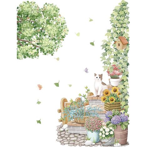 Ensemble d'autocollants muraux, décoration murale chat, fleurs et plantes pour salon, autocollants muraux verts pour chambre ou bureau (1/5)