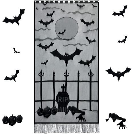 Rideaux d'Halloween Décoration de Porte, Fenêtre en Dentelle Noir avec Squelette et Chauve-Souris, Décor Fête (1/4)
