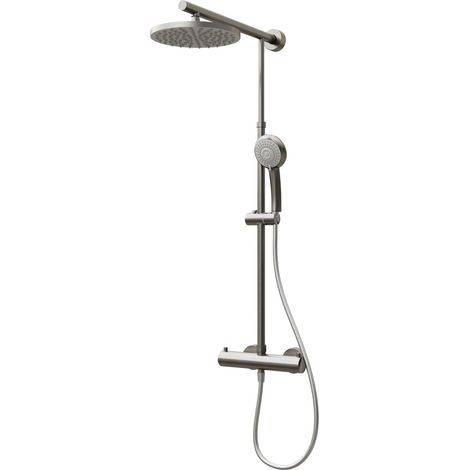 Schulte – Colonne de douche thermostatique – Pommeau rond orientable – Douchette à main ronde – Mitigeur avec blocage à 38 °C – Aspect inox