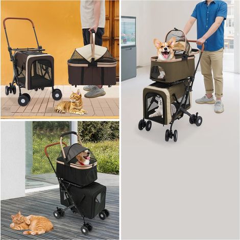 Chariot pour animaux de compagnie à deux étages, chariot ventilé universel séparé pour chat et chien, peut transporter 77 LB, 46 58 97cm chariot pliable pour animaux de compagnie, noir (1/5)