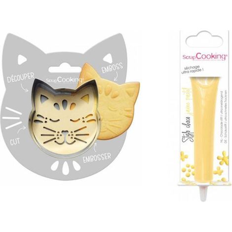 Kit pour biscuit en relief Chat + Stylo au chocolat jaune pastel