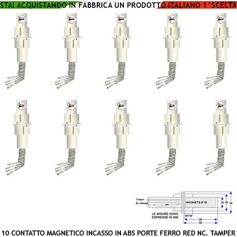 Rilevatore Apertura Porta o Cancello in Ferro Forma Cilindrica ad Incasso Allarme Sensore Magnetico Campo 20 mm 10 Pezzi Contatto Reed Antifurto 4 Fili 2 NA 2 Tamper Max 30V 10W Fissaggio Interno IP67