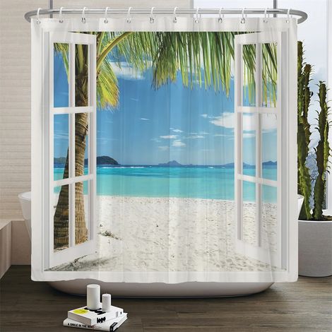 Rideau de douche 3D motif plage, rideau de salle de bain mer Méditerranée, tissu imperméable, dimensions : 180 cm x 240 cm.