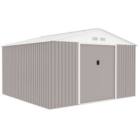 Abri de jardin en métal 10,85 m² - 340 x 319 x 210 cm - JUPITER - Kit d'ancrage inclus, 2 portes coulissantes - Taupe (1/5)