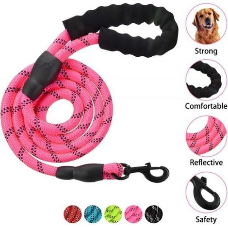 Corde Laisse pour Chien - Poignée Rembourrée et Réfléchissante - 1.5m - Rose (1/4)