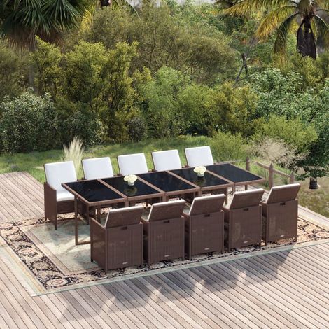 Set de comedor de jardín 11 pzas con cojines ratán PE marrón (1/5)