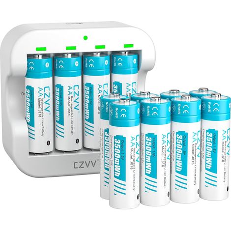 Piles Rechargeables Lithium AA 1,5V - Chargeur avec 12 Pack Accu Haute Capacité 3500mWh - Recharge Rapide 2H - Longue Durée 10 Ans, 1300 Cycles, Sortie Constante, Aux Souris, Claviers, Manettes de Jeu (1/5)