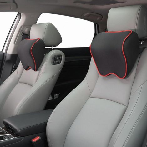 Repose-tête voiture en mousse à mémoire de forme, 2 pièces, noir avec bord rouge (1/5)