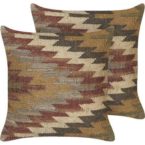 2 Coussins Rétro Motif Géométrique 45 x 45 cm en Jute Coton Multicolore Deepor