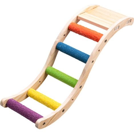 Perchoir en bois coloré en forme de griffe pour perroquet, avec échelle et sable de quartz antidérapant.