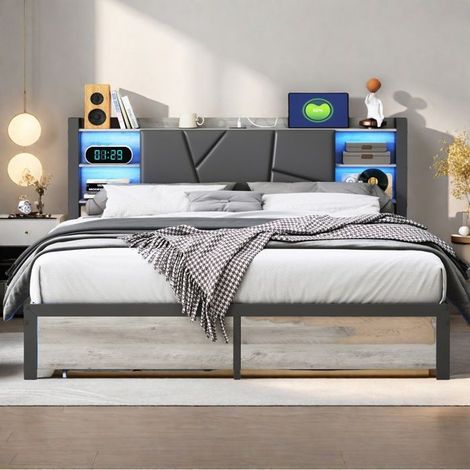 Doppelbett TANANT 160x200 cm - Metall - 2 Schubladen - Integriertes LED - Grau/Schwarz
