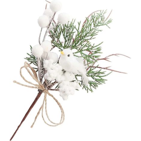 Weiße Beeren-Picks, 8 Stück Weihnachts-Kiefernzweige mit Vögeln, Glitzer, künstliche Beerenstängel (1/5)
