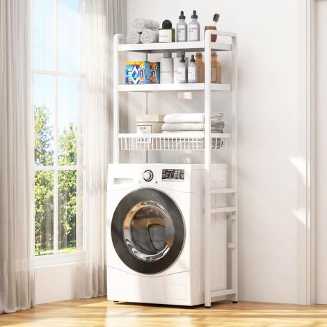 Étagère à 3 niveaux pour machine à laver avec panier de rangement et 4 crochets, hauteur 168 cm, gain de place, rangement de machine à laver, tuyau d'acier robuste, empilable pour le linge et (1/5)