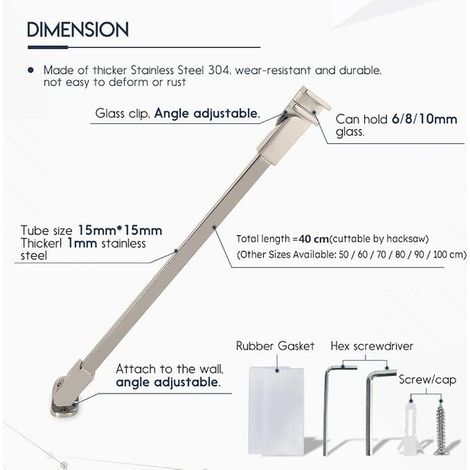 40cm Stainless Steel Shower Door Fixed Panel Wall-to-glass Support Bar for 6mm 8mm 10mm Thick Glass (1/5)