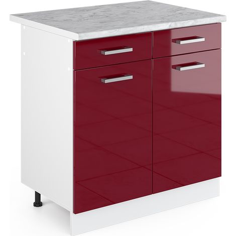 Base universale R-Line, Rosso bordeaux lucido, 80 cm con cassetti e ante, con piano di lavoro, Vicco