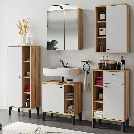 Badmöbel-Set 5-teilig mit Waschbeckenunterschrank 60 cm, LED-Spiegelschrank, in Eiche mit weiß OLEAN-61 (1/5)