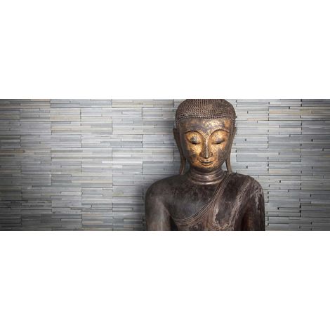 Tableau Buddha gris et marron pour entrée | Tableau zen idéal pour salle de bain | Tableau salle de bain mur de pierre et statue de Buddha - 1,0 x 0,4 m (1/2)